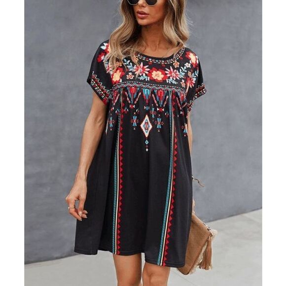 Women's Black & Red Floral Short Sleeve Shift Dress M - Picture 1 of 8